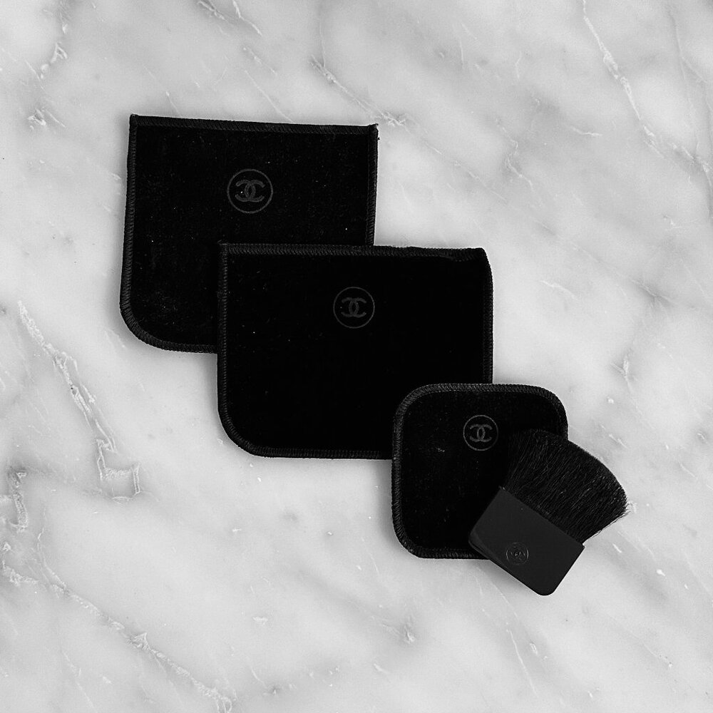Set of 3 Chanel Black Velvet Cosmetic Pouches & Mini Powder / Blush Brush
